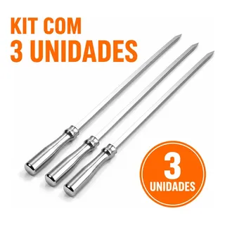 Kit 3 Espetos Unico Barra Chata Churrasco Cabo Aluminio 70cm