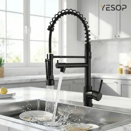 Torneira Gourmet De Cozinha Monocomando Yesop 50cm, Misturador Em Aço Inox Com Mola Externa, Ducha Spray Retrátil E Bica... Preto Fosco
