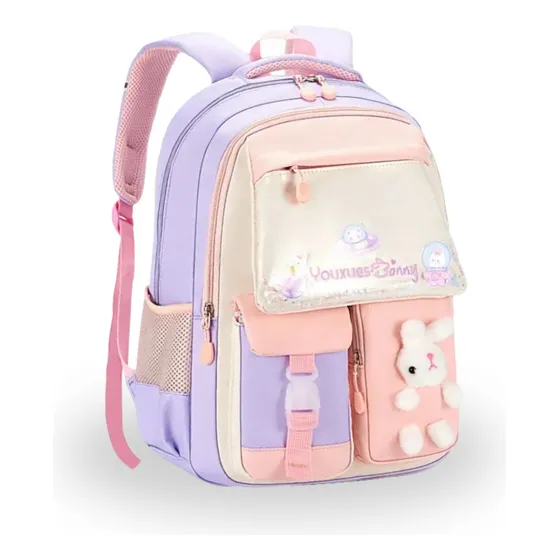 Mochila Escolar Infantil Kawaii De Conejo Con Orejas Suaves Color Violeta