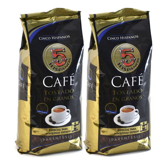 Café Sin Azúcar Tostado En Granos 5 Hispanos 500g X 2