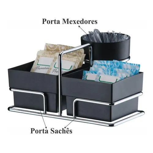 Suporte Cafe Porta Saches Organizador Mesa P/ Cozinha Cor Preto c/ Aço Cromado Organizador Sachês