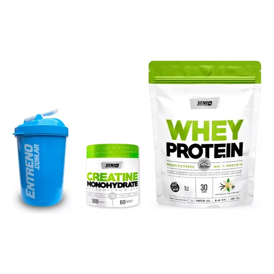 Star Nutrition Whey Protein 2lb Sabor Vainilla En Polvo Con Aminoacidos Aislada Concentrada + Creatina Monohidratada Micronizada 300g Pote + Shaker Batidor 600ml - Crecimiento Muscular