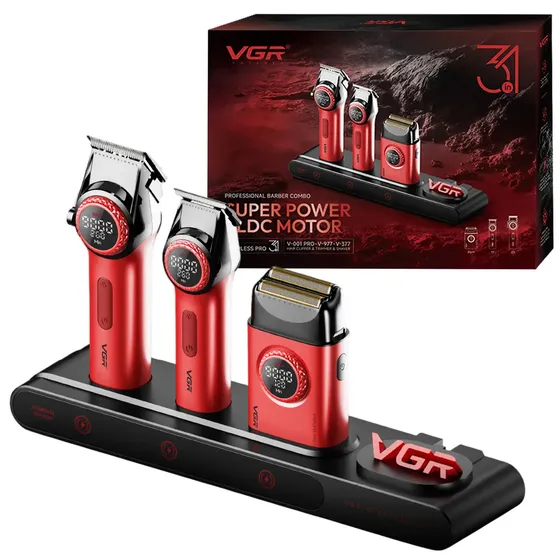 Kit Máquina De Cortar Pelo Afeitadora Barbería Vgr 3en1 Luz Motor Bldc Color Rojo