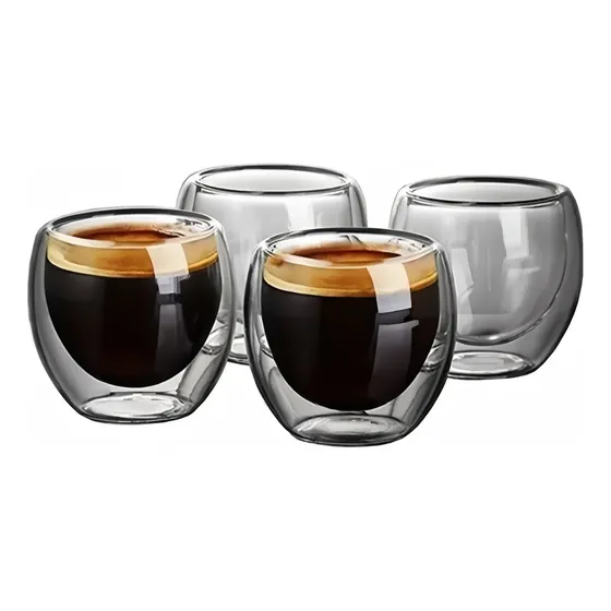 Juego 4 Tazas Café Vidrio Termico 80ml - Doble Taza Café Color Blanco