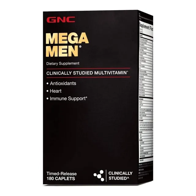 Suplemento en cápsulas Mega Men de mezcla multivitamínica natural con sabor a vainilla y menta estudiada clínicamente por GNC en un bote de 180 unidades