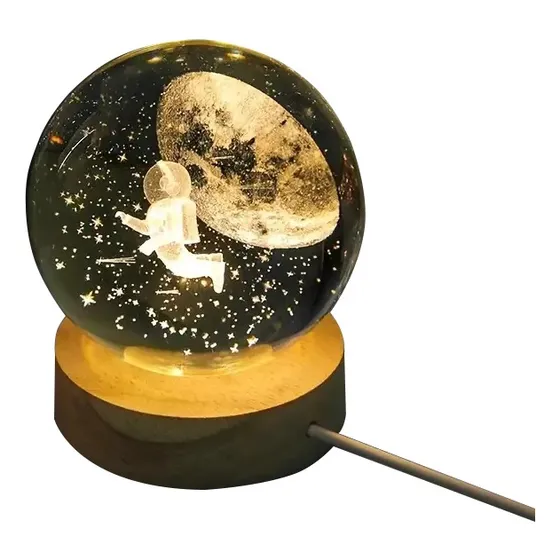 Esfera De Cristal Y Madera Con Blanca   Astronauta Lunar