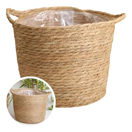 Cesto Grande C/ Listras Decoração Palha Natural Alça E Forro