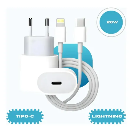 Carregador Compativel Com iPhone 8 X Xr 11 12 13 14 Pro Max Turbo Fonte Tipo C Branco Conector Lightning