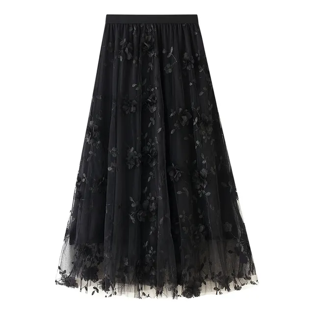 Saia Midi Feminina De Tule Bordada Com Flores 3d Em Cores