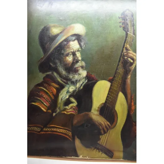 Antiguo Oleo Gaucho Con Guitarra Firma Ilegible Con Detalle