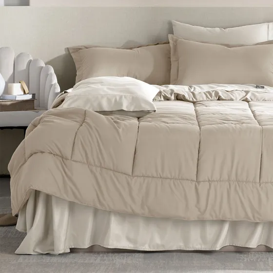 Set 7 Pzas. Edredón King Size +fundas De Almohada + Juego De Sabanas Real Textil Khaki/Beige