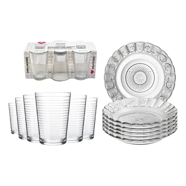 Jogo Jantar 12 Peças Com 6 Pratos Fundo + 6 Copos Vidro Jogo Jantar 12 Peças Com 6 Pratos Fundo + 6 Copos Vidro