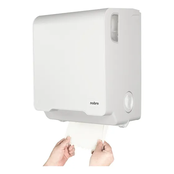 Dispensador mecánico de toallas enrollables autocortadas de color blanco