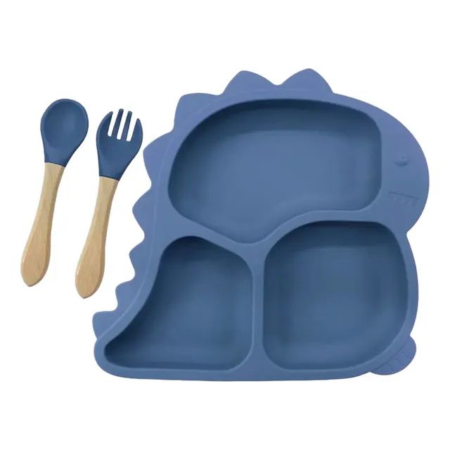 Plato Silicona Bebe Succion Cubiertos Dinosaurio Sin Bpa