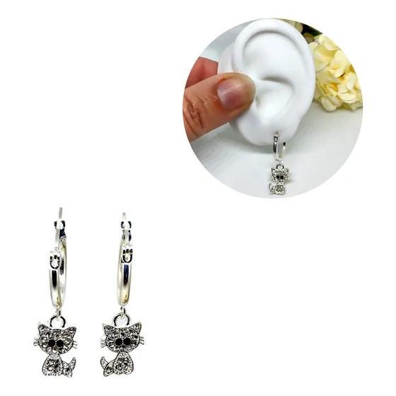 Aros Argolla Acero Blanco Gatito Con Mini Piedras Cristal