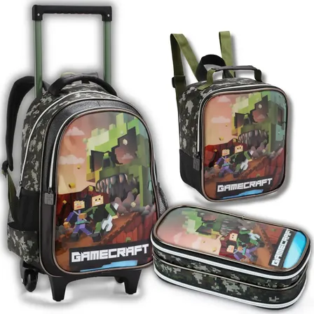 Mochila Escolar Com Rodas Denlex Gamecraft Zumbie Infantil Verde Camuflado Verde-musgo