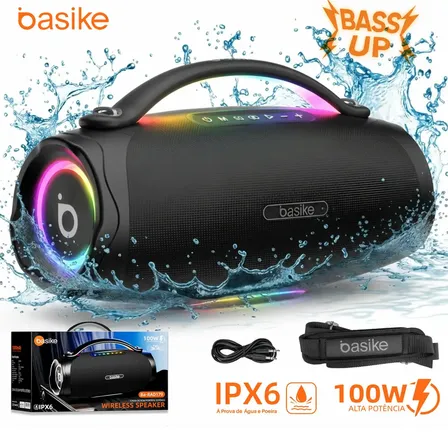 Basike Caixa De Som 100w Bluetooth 10000mah Portatil Boombox Sem Fio IPX6 À Prova D'água Caixinha de Som Com TWS RGB LED USB AUX Grave P/ Copa Mundo 2026 Sabala Festa Casa TV Smart Soundbar Subwoofer