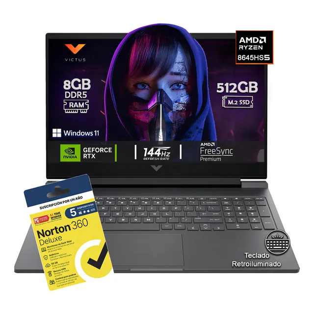 Laptop Victus Hp Gaming 15-fb2082wn Amd Ryzen 5-8645hs 512gb Ssd 8g B Ram Ddr5 Geforce Rtx 4050 Fhd 144 Hz W11h + Antivirus Norton 360