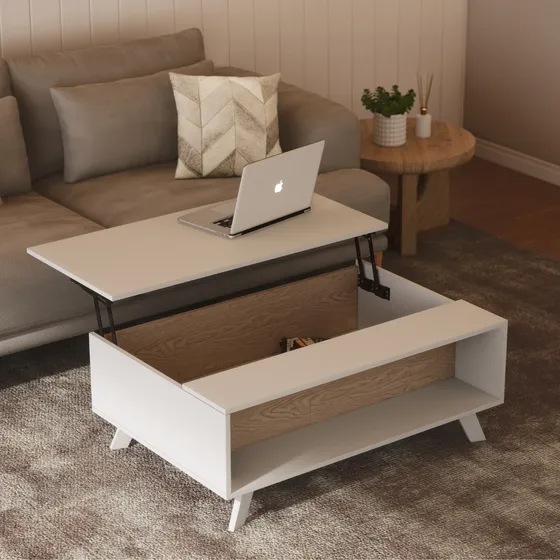 Mesa De Centro Top Living Superficie Elevable Moderna Nórdica Con Espacio de Guardado Para Sala Color Blanco y Madera Beige