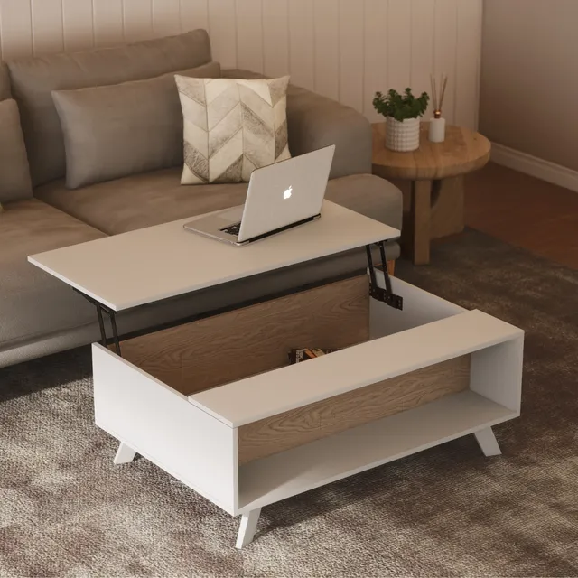 Mesa De Centro Top Living Superficie Elevable Moderna Nórdica Con Espacio de Guardado Para Sala Color Blanco y Madera Beige