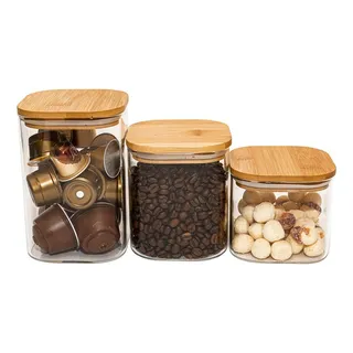 Potes De Mantimentos Quad 600/800/1100ml C/tampa Bambu - 3pç Cor Natural Potes De Mantimentos Quad 600/800/1100ml C/tampa Bambu - 3pç Cor Natural