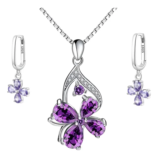 Set Collar Y Aretes Flor Amatista En Plata 925 Para Mujer