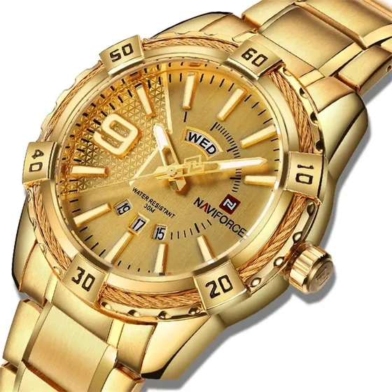 Reloj Naviforce Dorado De Lujo Con Calendario