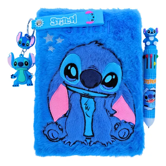 Kit Caderno Pelúcia Stitch Caneta 10 Cores Chaveiro Atacado