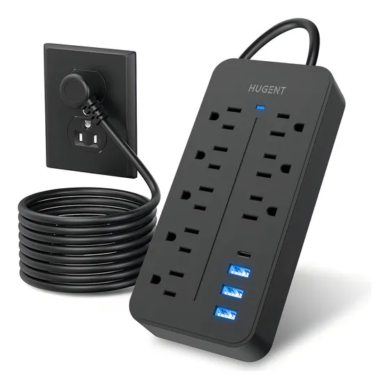 Multicontacto de 8 tomas HUGENT EL-08 con usb color negro largo del cable de 1.2m 10A 127V