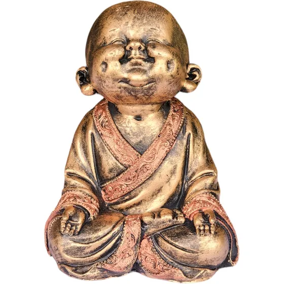 Estatua Chines Buda Sorridente Menino Prosperidade Casa Zen Cor Dourado