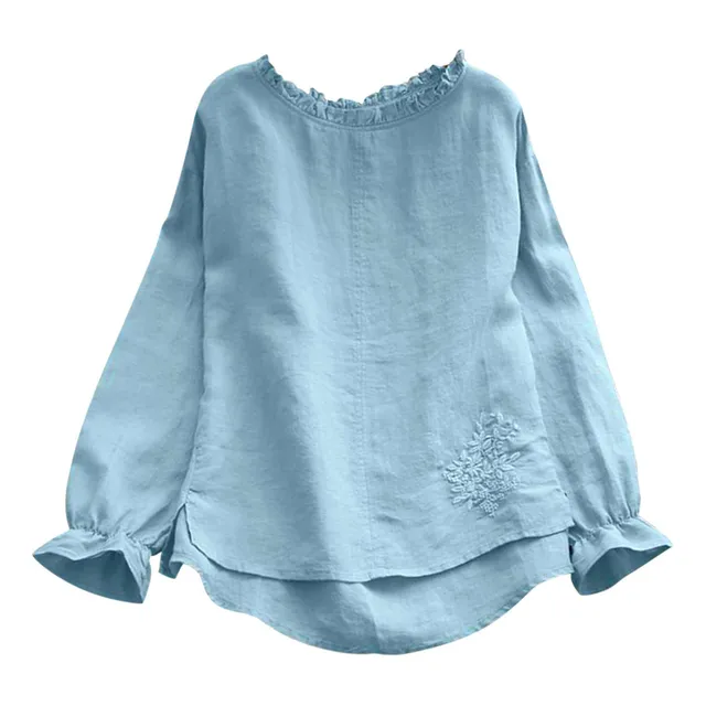 Tops Talla Top Blusa Mezcla Algodon Manga Larga Bordado Liso