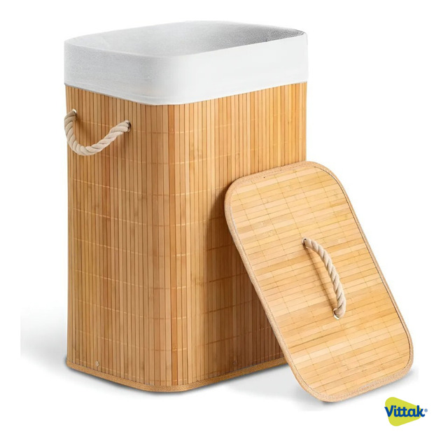 Vittak - Cesto De Roupa Bambu Dobrável Retangular Com Tampa E Forro Vittak - Cesto De Roupa Bambu Dobrável Retangular Com Tampa E Forro