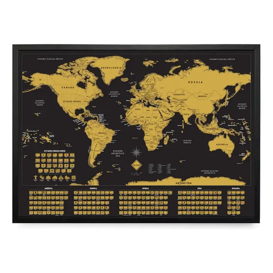 Mapa Mundi Raspadinha Mapa Raspar C/ Moldura 60x42 Cor Dourado Armação Preto