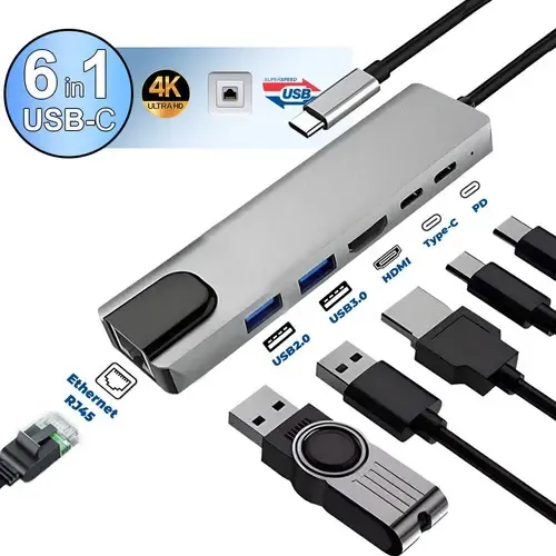 LOT Adaptador Hub Tipo C 6 en 1 HDMI Ethernet USB 3.0 Alta Velocidad | Cuotas sin interés