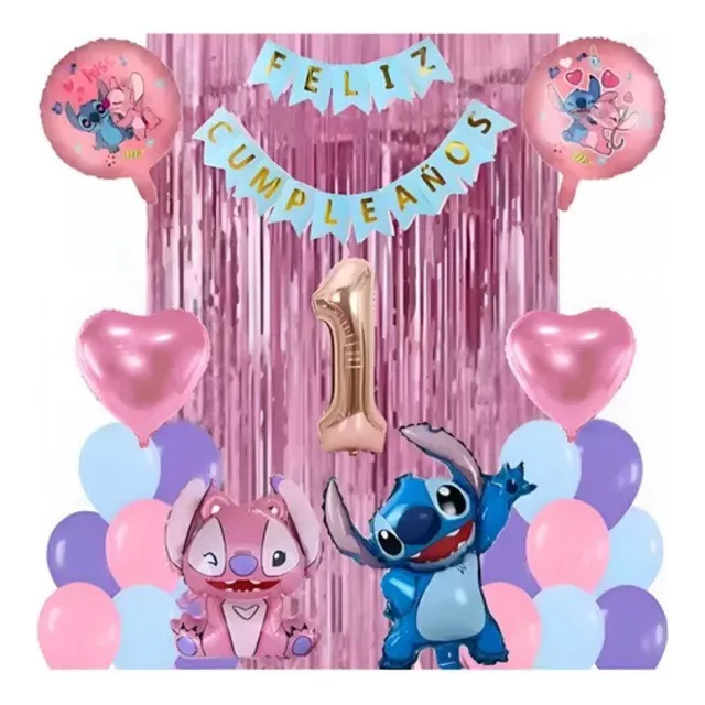 Kit Decoración Globos Niña Stitch Angel Cumpleaños