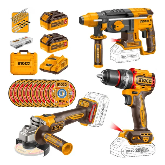 Combo Taladro Percutor 66nm + Rotomartillo + Amoladora Ingco Color Amarillo Frecuencia 20v