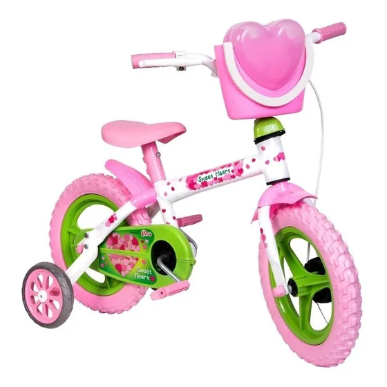 Bicicleta Styll Baby Sweet Heart Aro 12 Freio Tambor Cor Branco/Rosa/Verde Com Rodas de Treinamento