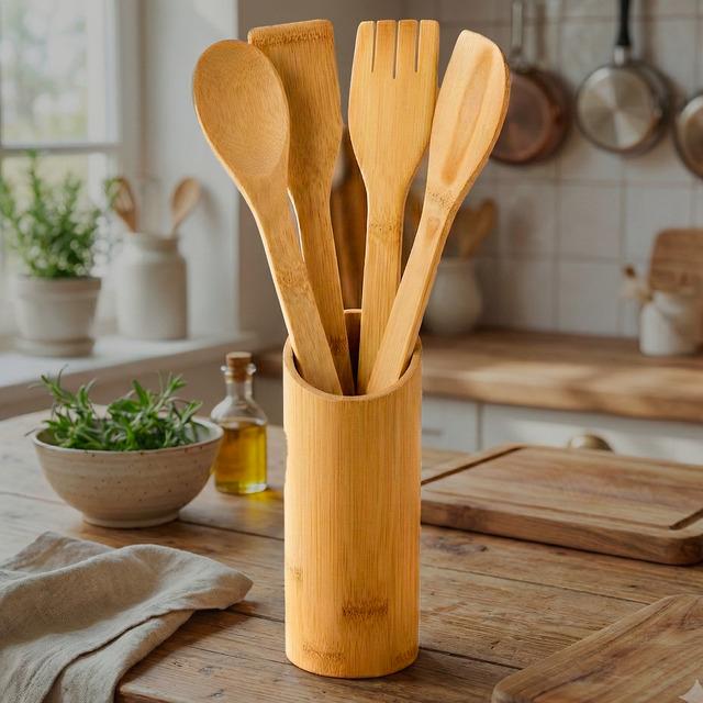 Conjunto Talheres Bambu 5 Peças Pau Colher Garfo Espátulas Bambu