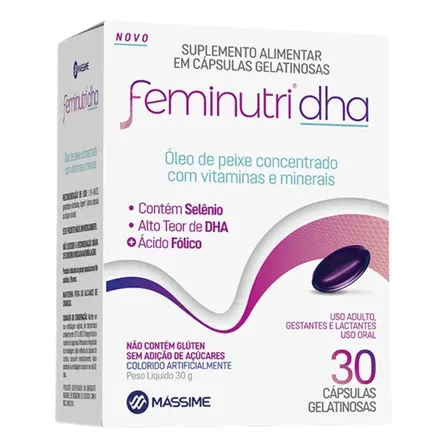 Feminidha Feminutri DHA 30 Caps Suplemento Vitamínico P/ Gestantes e Lactantes Mássime Sem Sabor
