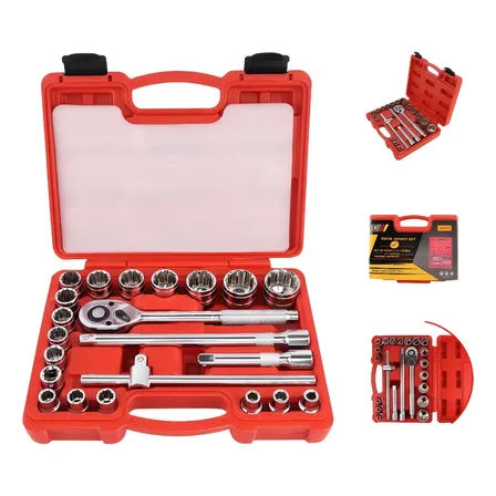 Kit Chaves Jogo De Catraca Reversível Soquetes 22pçs 8-32mm Vermelho