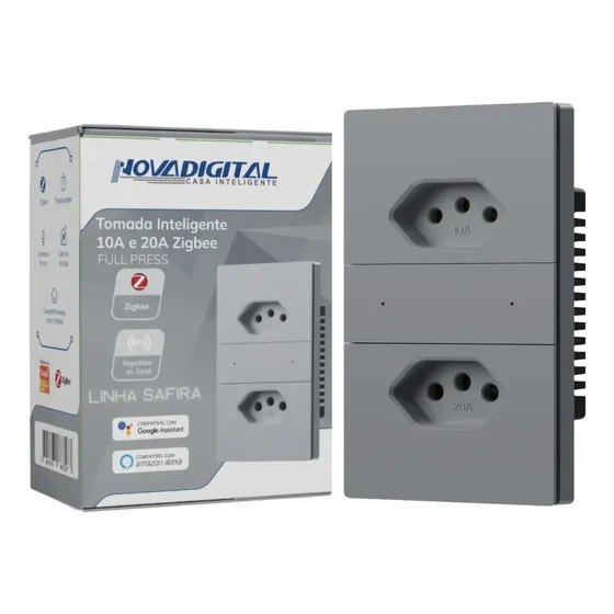 Tomada Dupla Inteligente Zigbee Novadigital 10a e 20a Compatível Tuya Alexa Smart Life Google Bivolt Full Press Cinza