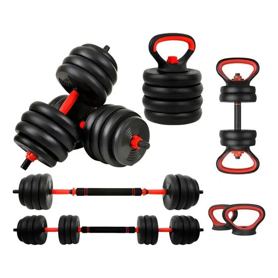 Kit Halteres 6 Em 1 Peso Musculação Até 40kg Ajustável Halter, Kettlebell, Anilha Cor Preto-Vermelho + E-book