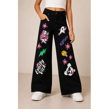 Calça Wide Leg Jeans Infantil Menina Emily Vick Estampada Preto 8