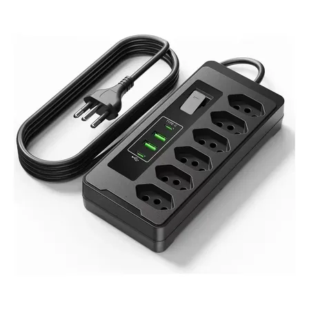 Filtro De Linha Régua Extensão 6 Tomadas E 2 Usb 2 Pd 2500 Watts Equipado Com Um Interruptor De Protecção Automática De Sobrecarga Protetor Elétrico Cabo 2 Metros 10 a Cor Preto-PLUGADO