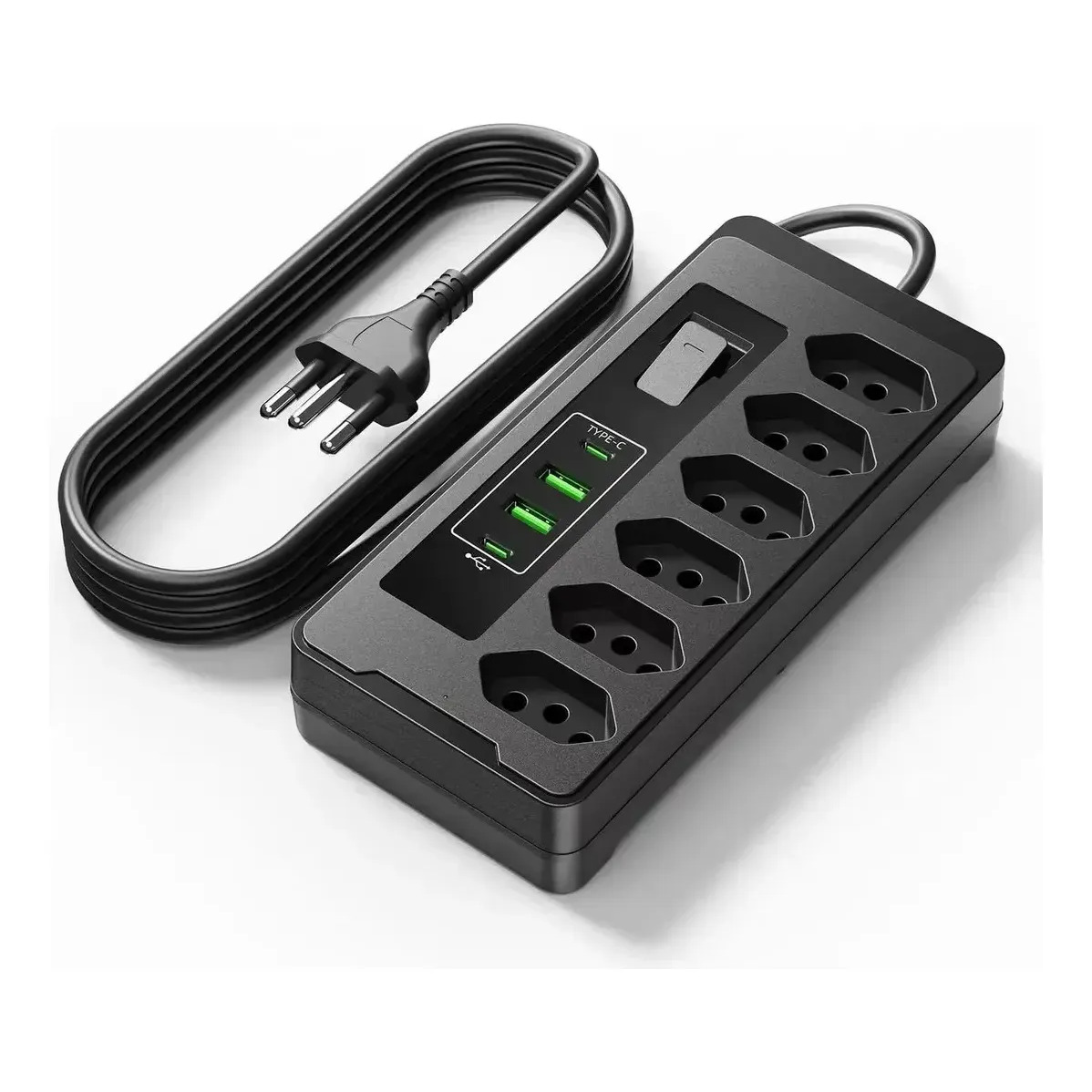 Filtro De Linha Régua Extensão 6 Tomadas E 2 Usb 2 Pd 2500 Watts Equipado Com Um Interruptor De Protecção Automática De Sobrecarga Protetor Elétrico Cabo 2 Metros 10 a Cor Preto-PLUGADO