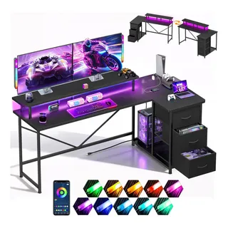 Furrific® 140cm*80cm*80cm Type L Escritorio Gamer, Escritorio Minimalista, Escritorio Esquinero, Escritorio Para Viene Con Cajón De Tela, Regleta, Regleta De Luz Y Soporte Para Monitor (negro)
