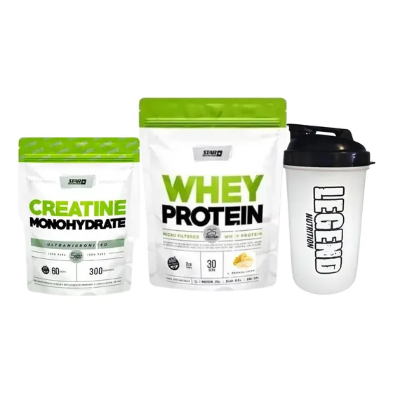 Star Nutrition Whey Protein Sabor Banana 908g Creatina Pura Doypack 300g Vaso Legend 600ml