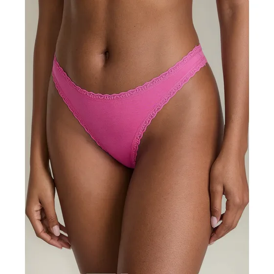 Tanga De Algodón Con Cintura De Encaje Color Fucsia