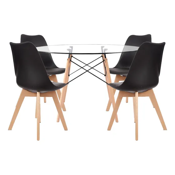 Juego Comedor Mesa Eames Vidrio Redonda 120cm + 4 Tulip Color Negro