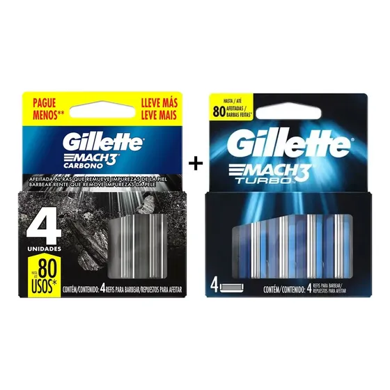 Carga Gillete Mach3 Carbono 4 + Turbo 4 - Total 8 Cartuchos